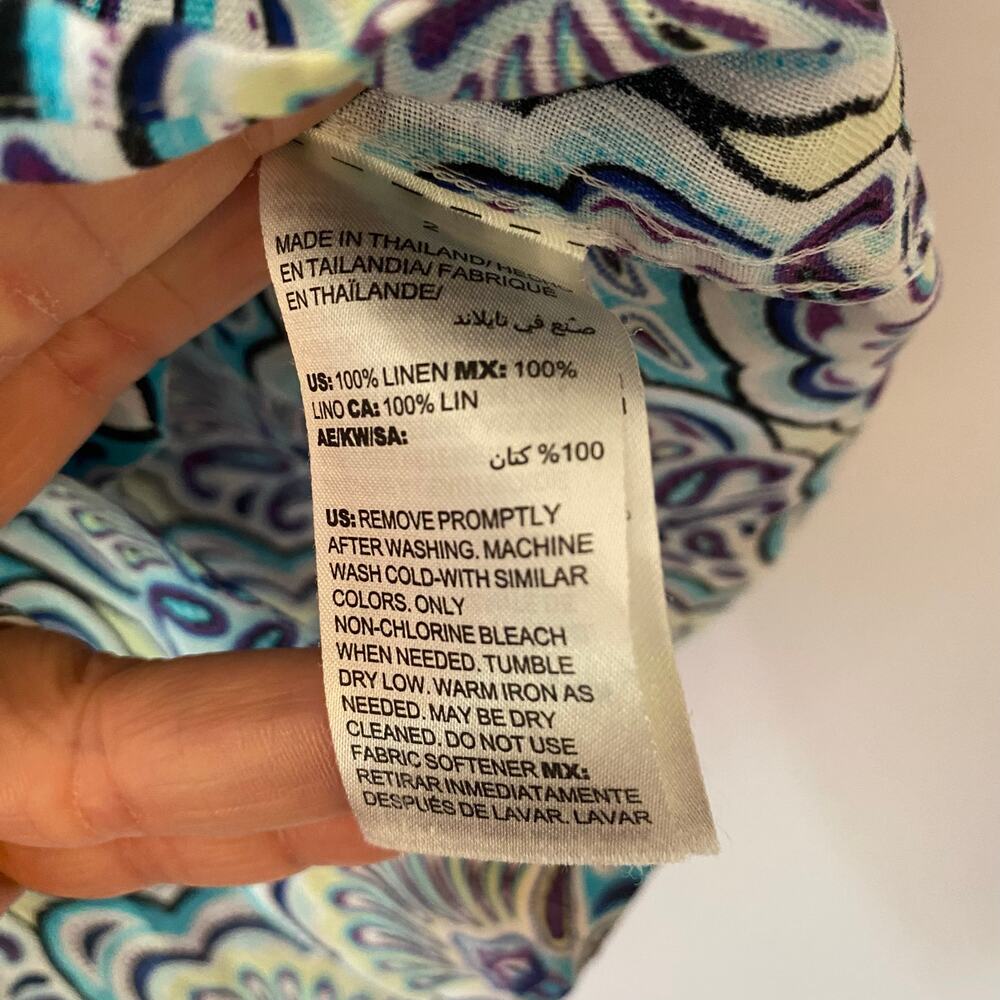 Chico's Blue Purple Paisley Print Button Down Shirt 100% Linen 2 / Large / 12 - Picture 9 of 9